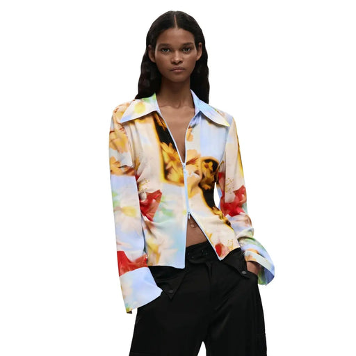 Desigual women yellow floral viscose long shirt with bold abstract print and round neck in vibrant colors