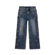Loose-fit distressed blue jeans with floral embroidery and rhinestone embellishments for women