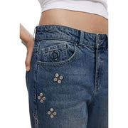 Blue denim jeans with silver buttons and embroidered logo on coin pocket for Desigual Womens Jeans