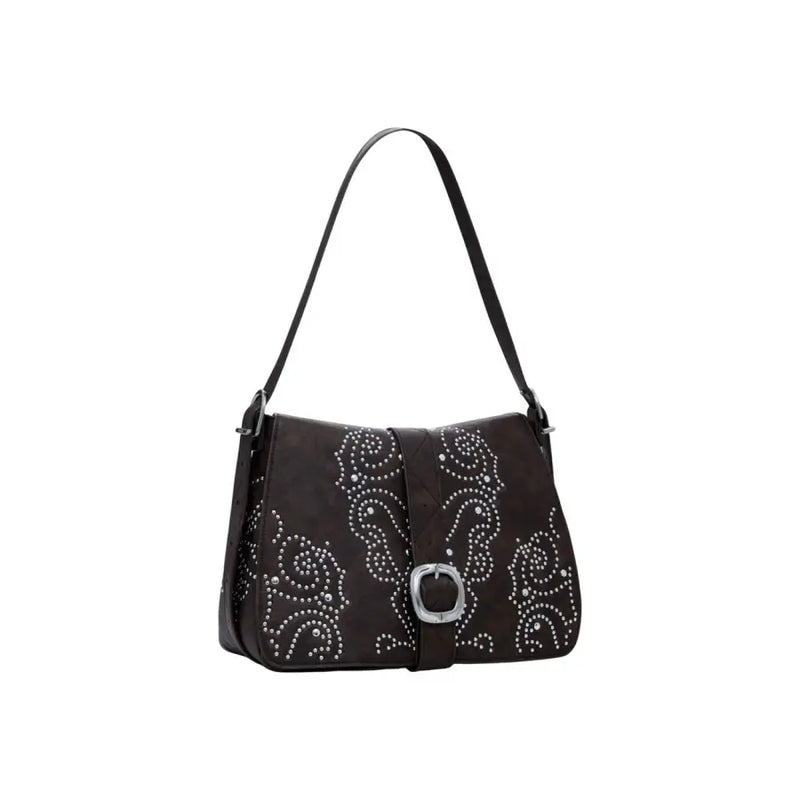 Dark brown leather shoulder bag with silver studs and buckle closure for Desigual Women
