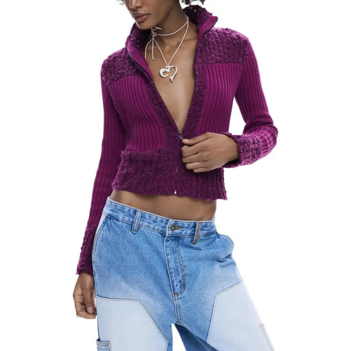 Desigual Damen-Cardigan mit Reißverschluss in Fuchsia und lila Cropped-Rückenansicht