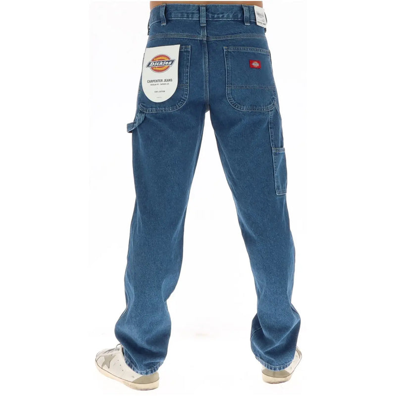 Dickies Herren-Jeans im Carpenter-Stil in Blau mit Cargotaschen und rotem Markenaufnäher, Rückansicht