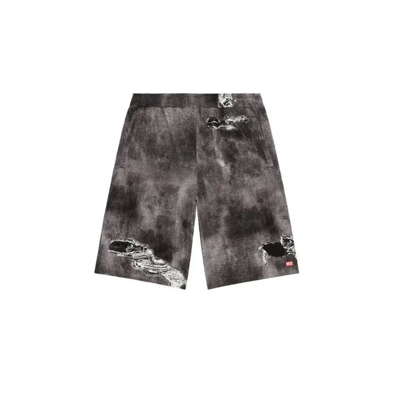 Black and white tie-dye distressed denim shorts with a faded wash design.