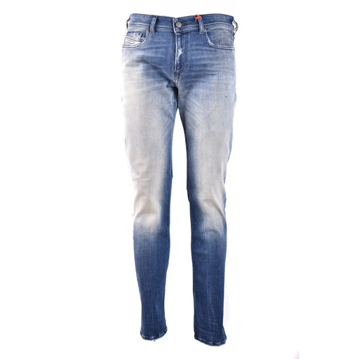 Diesel men blue cotton slim-fit denim jeans with faded wash and subtle distressing details