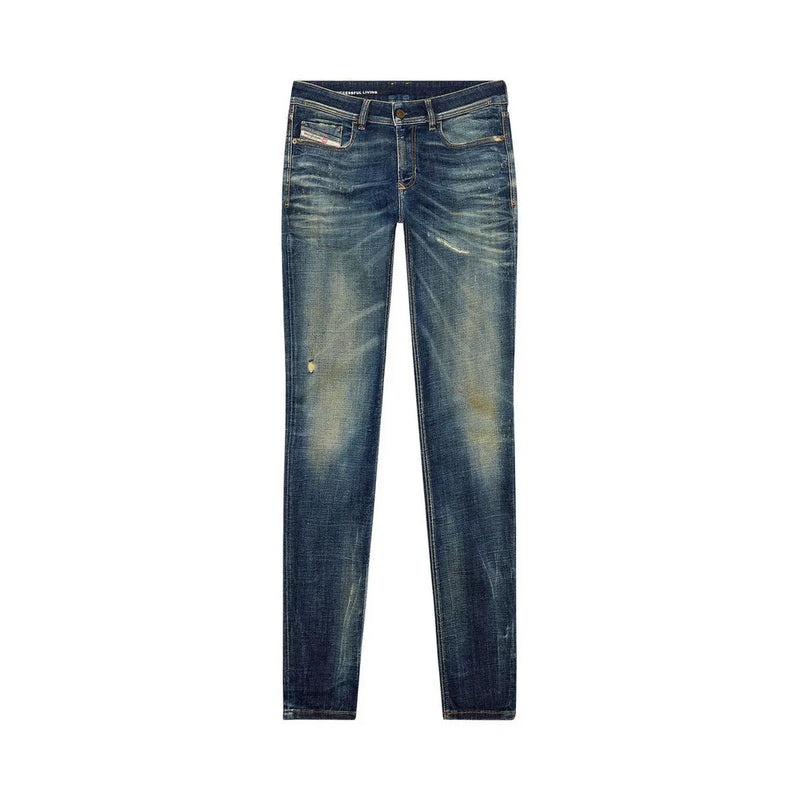 Dark-wash diesel men jeans slim fit with faded distressing blue worn out effect 100 percent cotton material