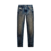 Back side of dark-wash diesel men jeans in blue cotton elastane with worn out faded distressed effect and brand patch