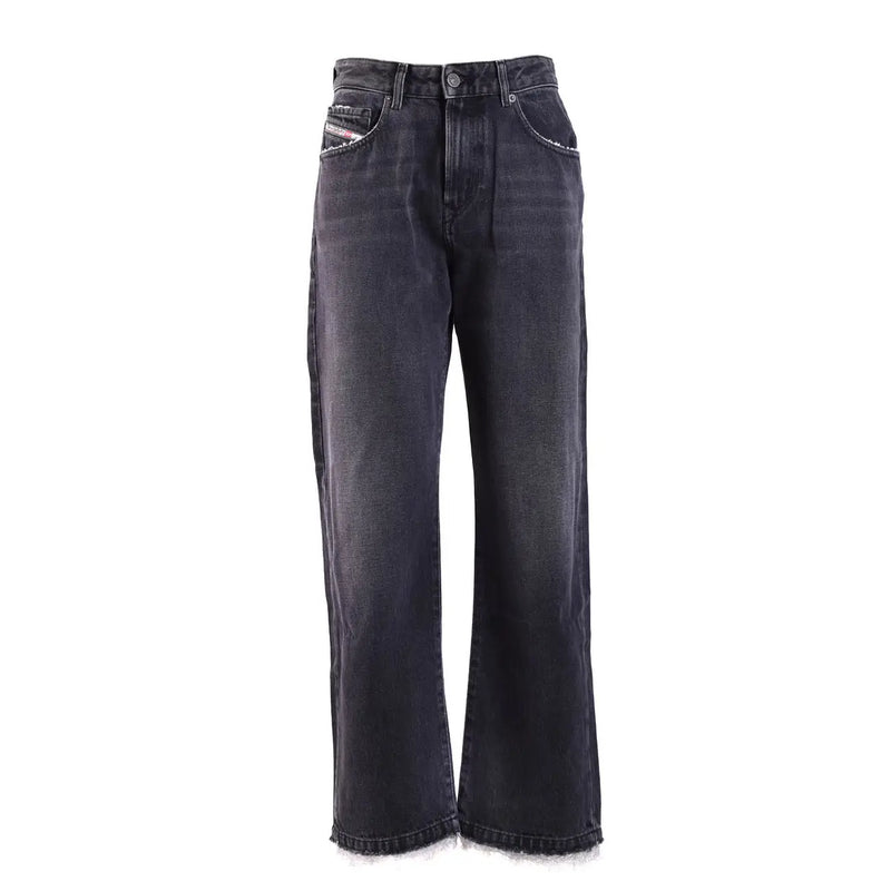 Diesel Schwarze Damen-Stretchjeans aus Baumwolle in dunkler Waschung mit weitem Bein und ausgefransten Säumen mit Diesel-Logo