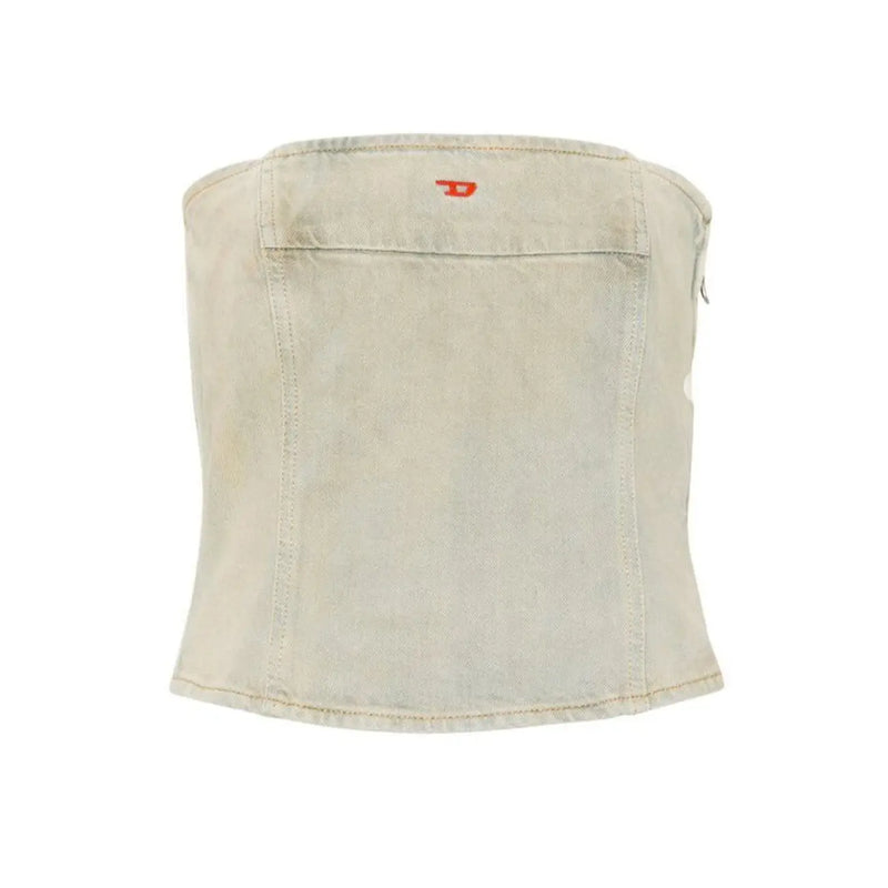 Rückansicht des hellblauen Baumwoll-Denim-Korsetts von Diesel für Damen top mit dezentem roten Logo Frühjahr/Sommer-Kollektion