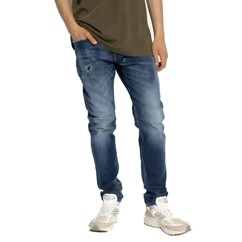 Distressed blue denim jeans showcased in the product listing