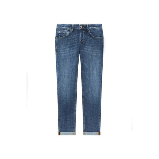 Blue denim jeans with rolled cuffs and a faded wash design.
