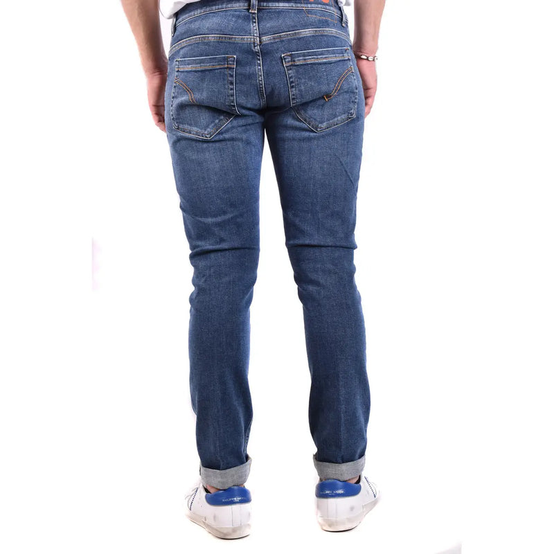 Back view of dondup blue cotton elastane slim fit men’s jeans with classic pockets and rolled cuffs for fall winter