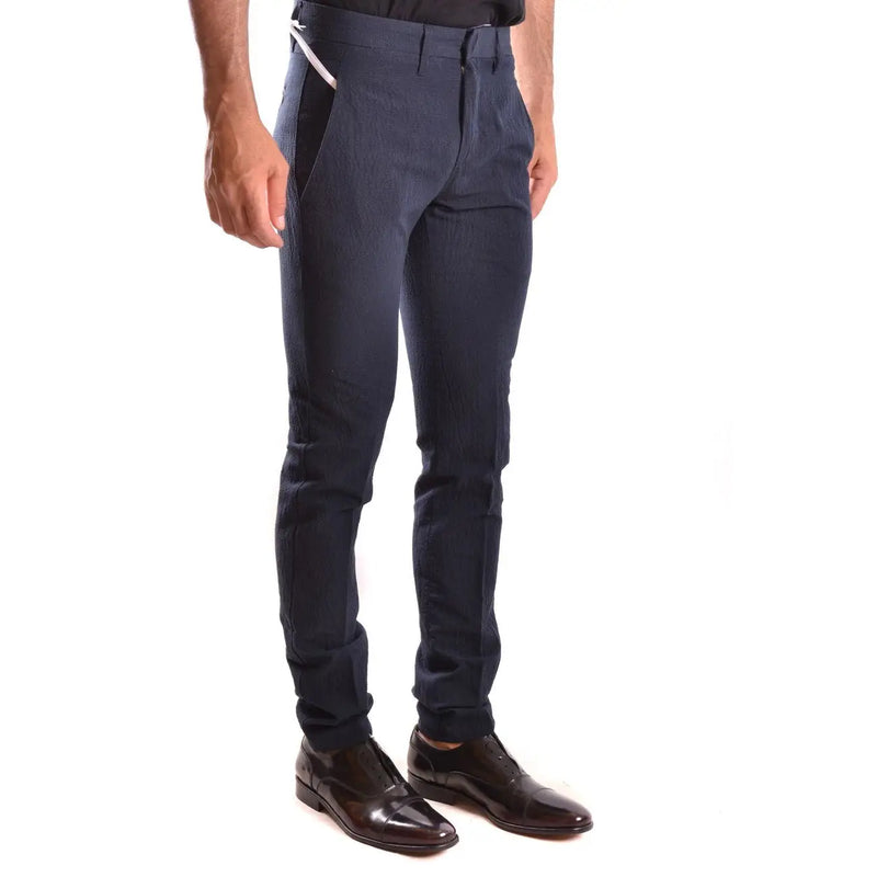 Dondup blue cotton slim-fit trousers for men with dark navy subtle textured weave and white side stripe detail