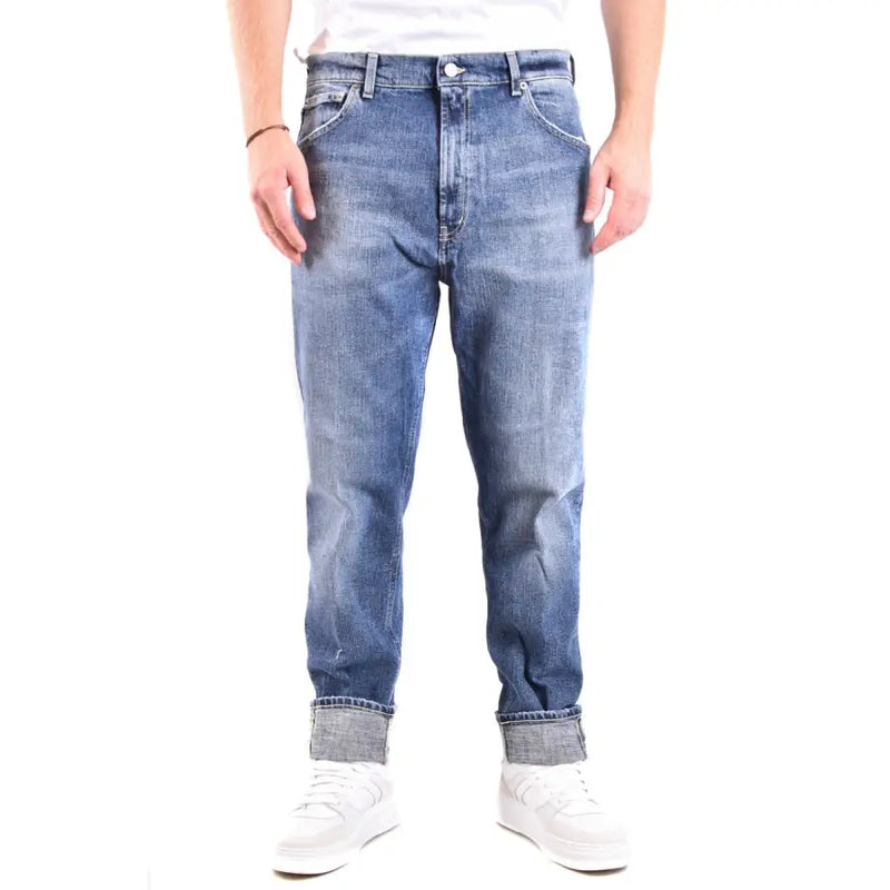 Dondup blue distressed denim jeans for men featuring faded wash fabric and rolled cuffs in denim material