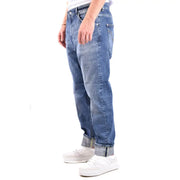 Dondup blue distressed denim jeans for men in medium-wash denim with classic five-pocket design and rolled cuffs