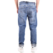 Dondup blue distressed denim jeans for men featuring faded wash and rolled cuffs in durable denim material