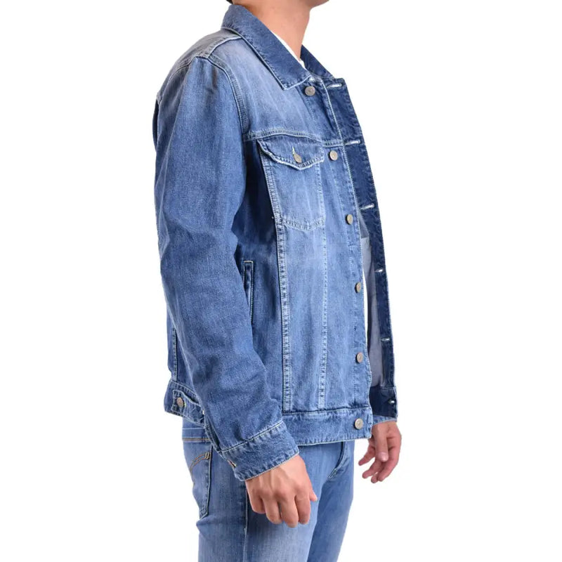 Light-wash blue denim jacket and jeans set for men displayed with Dondup Men Blue Cotton Blazer