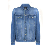 Dondup Herrenblazer aus blauer Baumwolle, mittelblaue Jeansjacke mit Kragen, Knopfleiste und zwei Brusttaschen