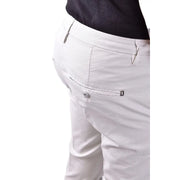 Back side of white chino pants with subtle textured weave and small black logo on the pocket by dondap men gray cotton trousers