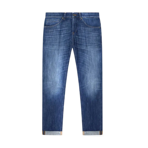 Dondup men jeans in blue cotton stretch denim with a faded wash and rolled cuffs made in italy