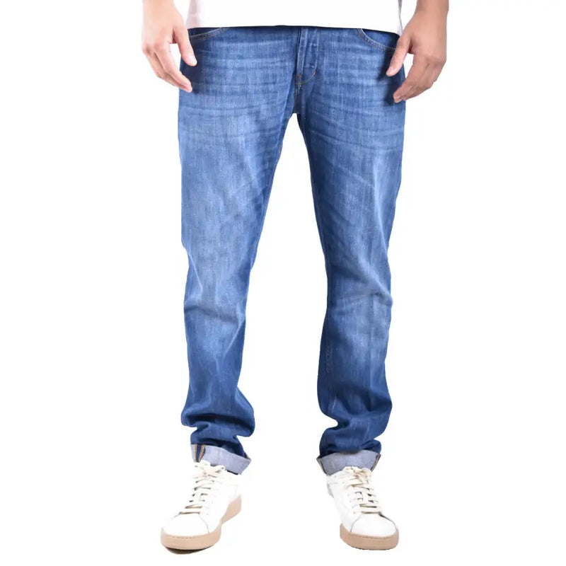 Blauer Denim Dondup Herrenjeans mit klassischem geradem Bein und umgeschlagenen Säumen aus Baumwoll-Stretchgewebe, hergestellt in Italien.