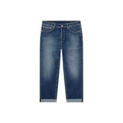 Dondup Damen-Jeans aus blauem Baumwoll-Denim in dunkler Waschung mit geradem Bein und umgeschlagenen Säumen, die einen Used-Look zeigen.