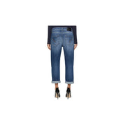 Dondup Blaue Damen-Jeans aus Baumwoll-Denim mit Used-Look, umgeschlagenen Säumen und schwarzem Leder-Markenpatch am Bund