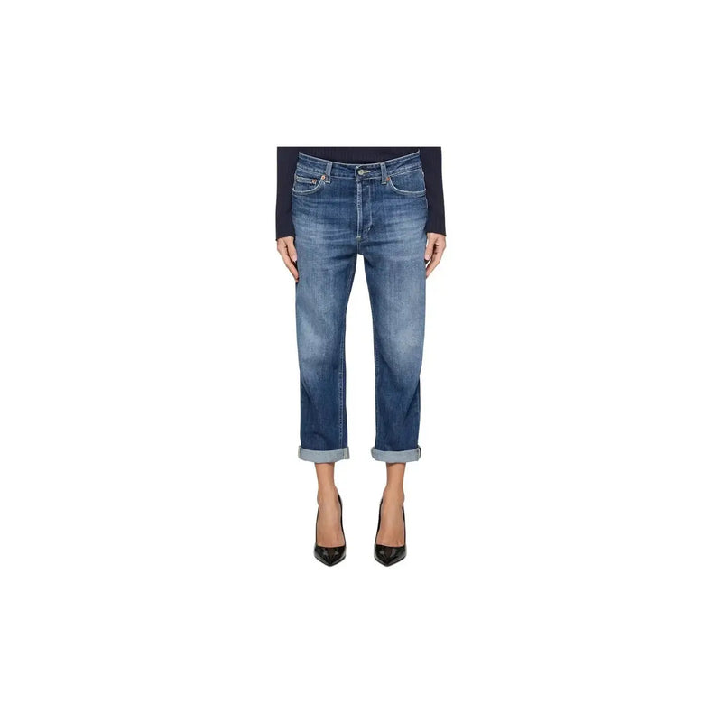 Dondup Damen-Jeans aus blauem Baumwoll-Denim, mittlere Waschung, mittelhoher Bund, gerades Bein mit umgeschlagenen Säumen und traditioneller Naht