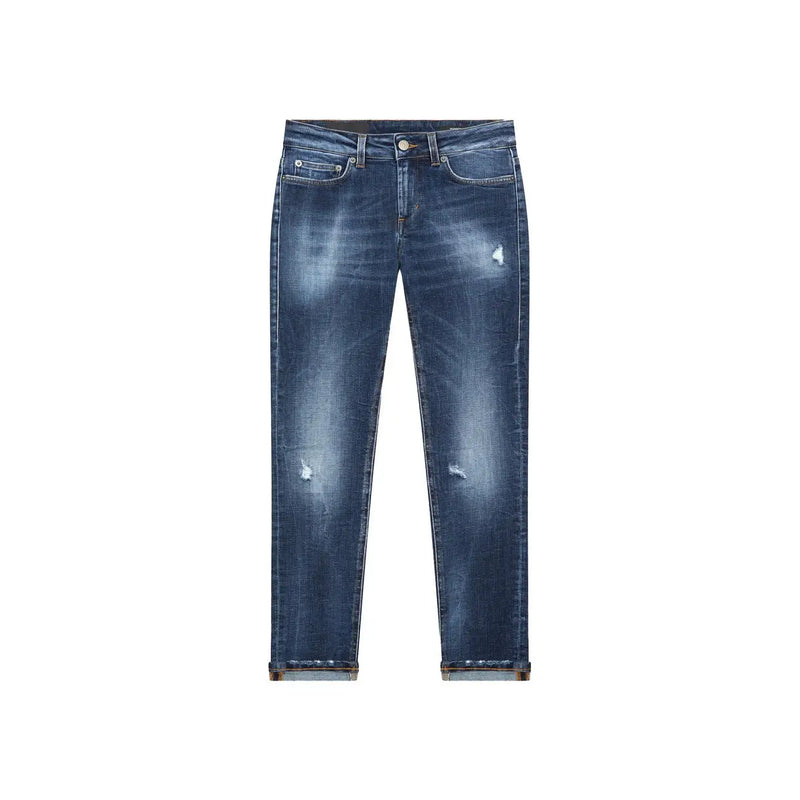 Dondup Damen-Jeans aus blauer Baumwolle mit Rissen, dunkler Waschung, dezenten Ausbleichungen und Used-Look-Details an den Oberschenkeln.