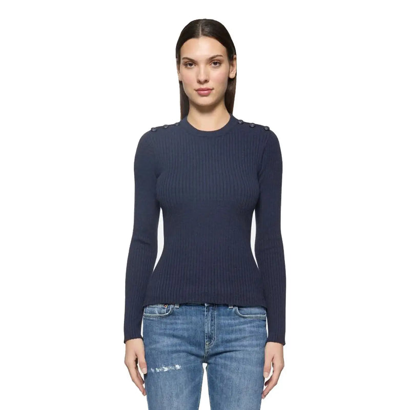 Marineblauer Rippstrickpullover mit dekorativen Schulterknöpfen aus Viskosemischung von Dondup Damenstrickwaren