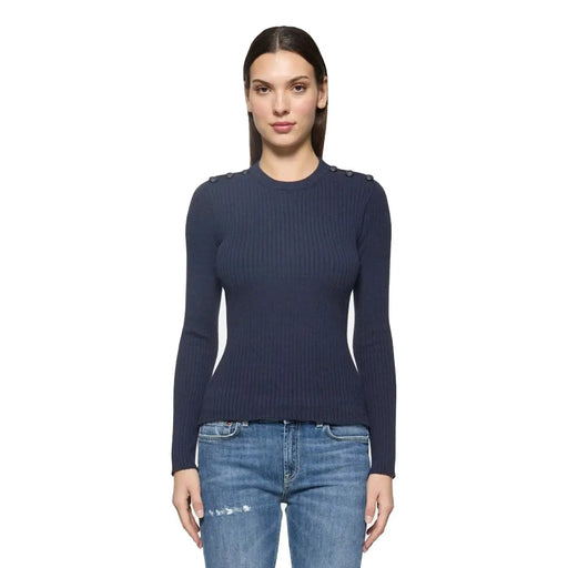 Marineblauer Rippstrickpullover mit dekorativen Schulterknöpfen aus Viskosemischung von Dondup Damenstrickwaren