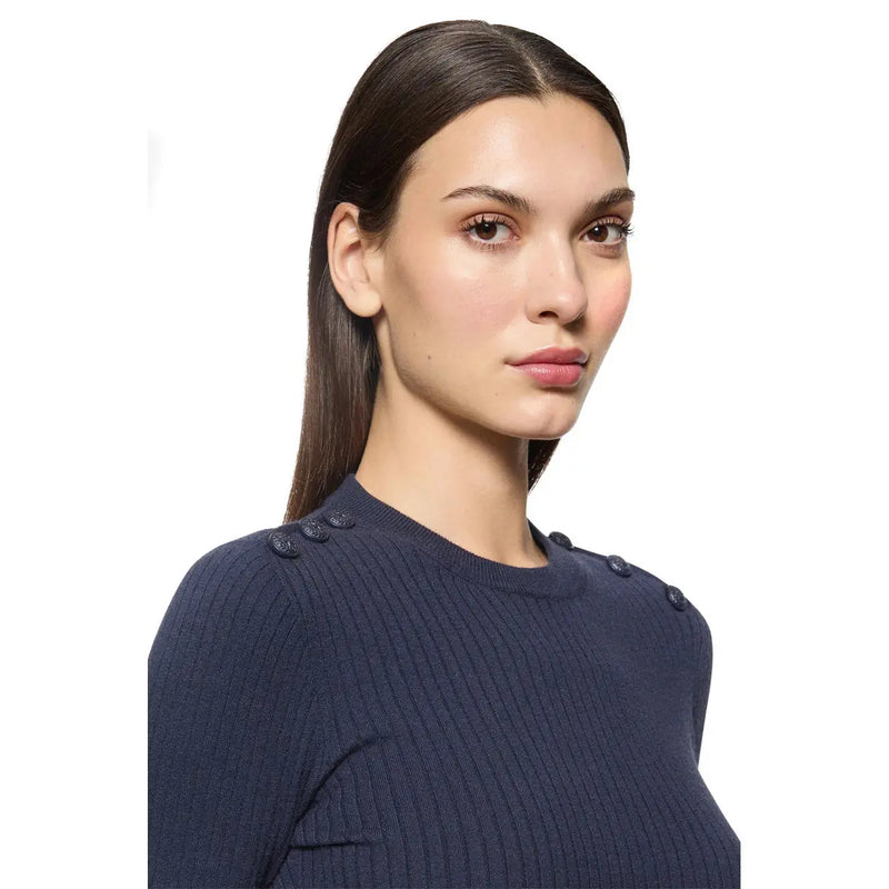 Marineblau Dondup Damen-Strickpullover aus Viskosemischung mit Rippstrickmuster, Rundhalsausschnitt und dunklen Knöpfen an den Schultern