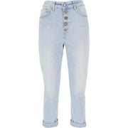 Dondup Damen-Jeans aus hellblauem Baumwoll-Denim mit Used-Look, silberfarbenen Knöpfen vorne und umgeschlagenen Säumen