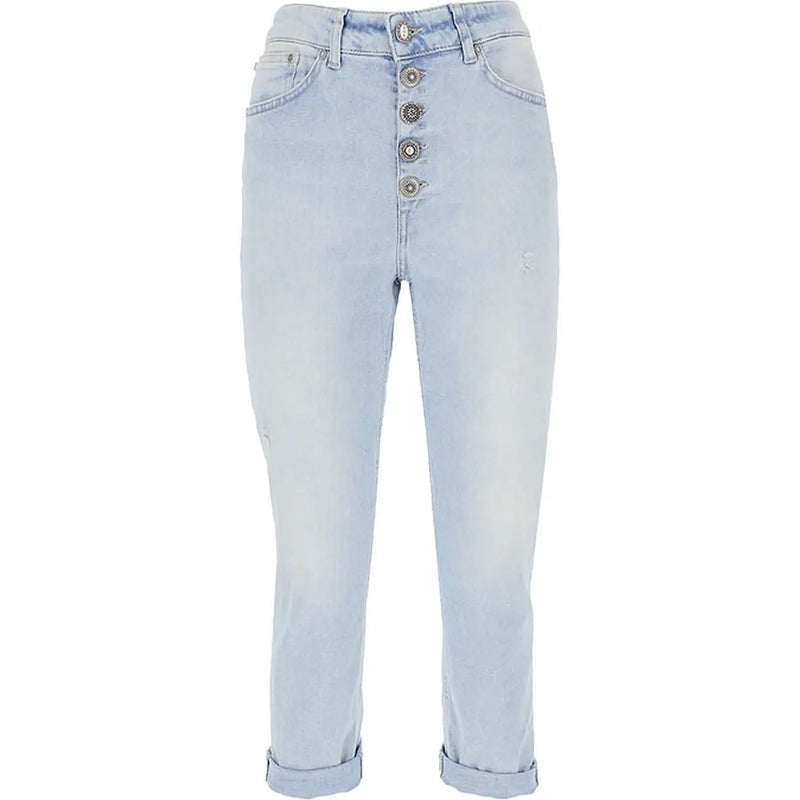Dondup Damen-Jeans aus hellblauem Baumwoll-Denim mit Used-Look, silberfarbenen Knöpfen vorne und umgeschlagenen Säumen
