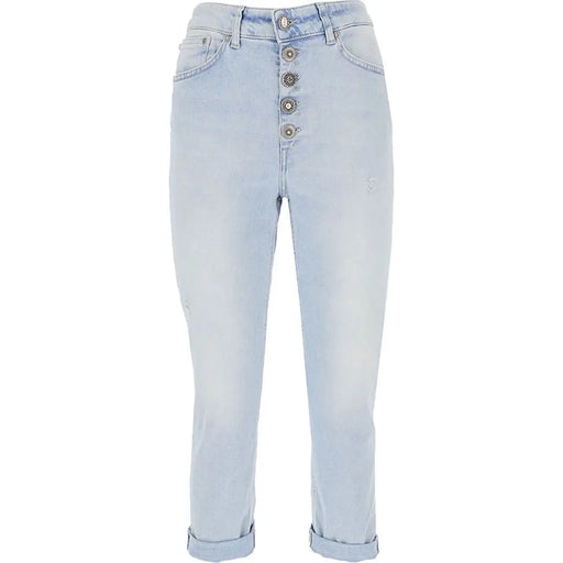 Dondup Damen-Jeans aus hellblauem Baumwoll-Denim mit Used-Look, silberfarbenen Knöpfen vorne und umgeschlagenen Säumen