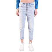 Dondup Hellblaue Damen-Jeans aus Baumwoll-Denim mit hohem Bund, Knopfleiste und umgeschlagenen Säumen im Used-Look
