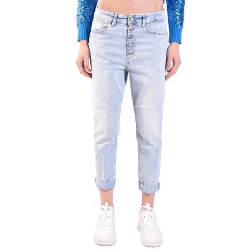 Dondup Hellblaue Damen-Jeans aus Baumwoll-Denim mit hohem Bund, Knopfleiste und umgeschlagenen Säumen im Used-Look
