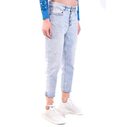 Dondup Damen-Jeans aus hellblauem Baumwoll-Denim mit Knopfleiste vorne, hochgekrempelten Beinabschlüssen und Used-Look