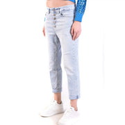Dondup Damen-Jeans aus hellblauem Baumwoll-Denim mit hohem Bund, Knopfleiste und umgeschlagenen Säumen in Used-Optik und heller Waschung.