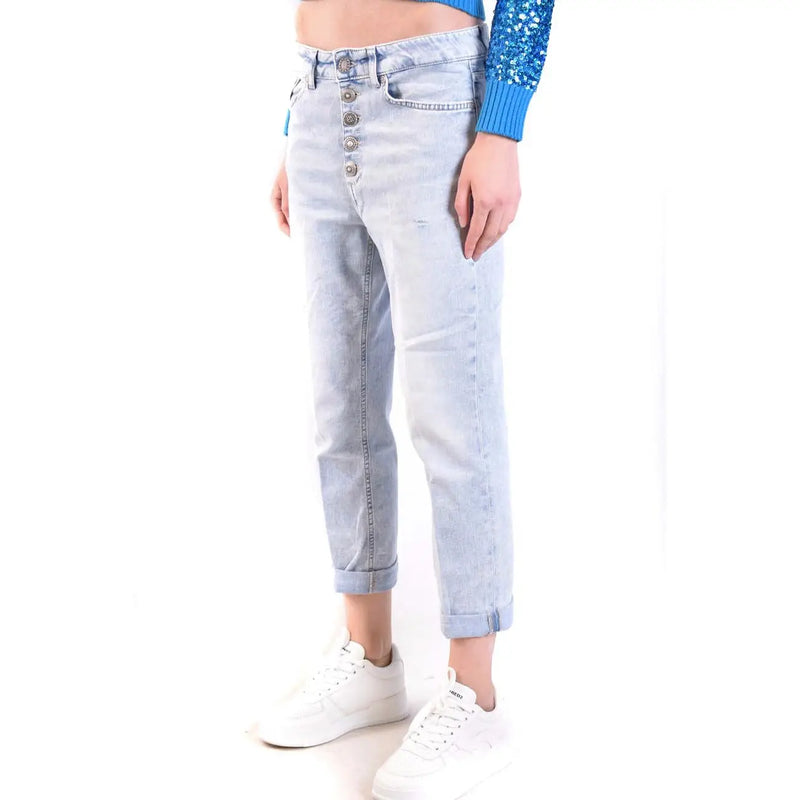 Dondup Damen-Jeans aus hellblauem Baumwoll-Denim mit hohem Bund, Knopfleiste und umgeschlagenen Säumen in Used-Optik und heller Waschung.