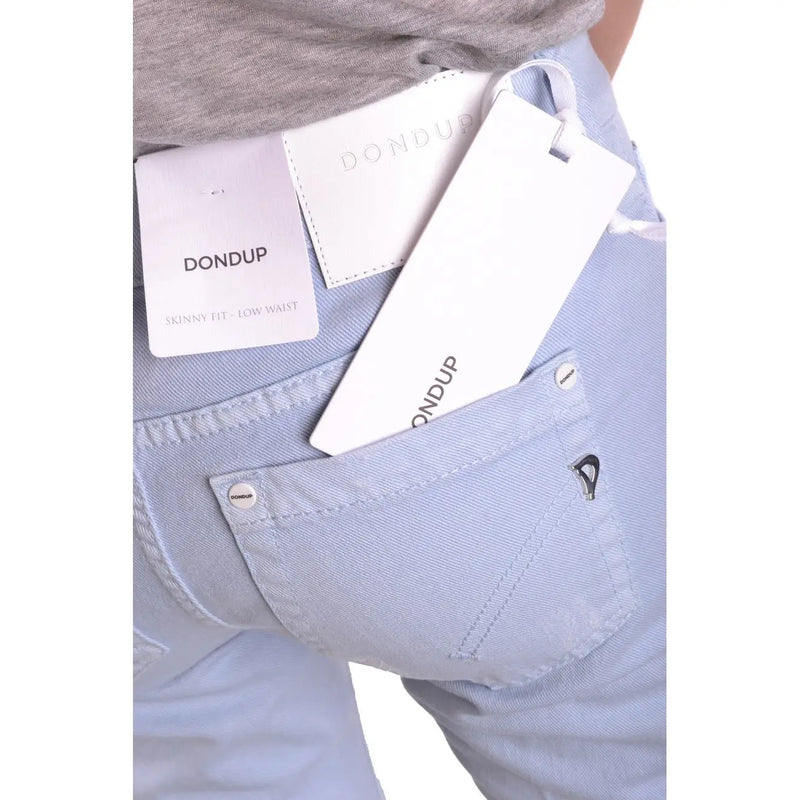 Dondup Hellblaue Damen-Jeans aus Baumwolle mit Rissen, schmaler Passform, niedrigem Bund, weißen Nähten und Markenetiketten