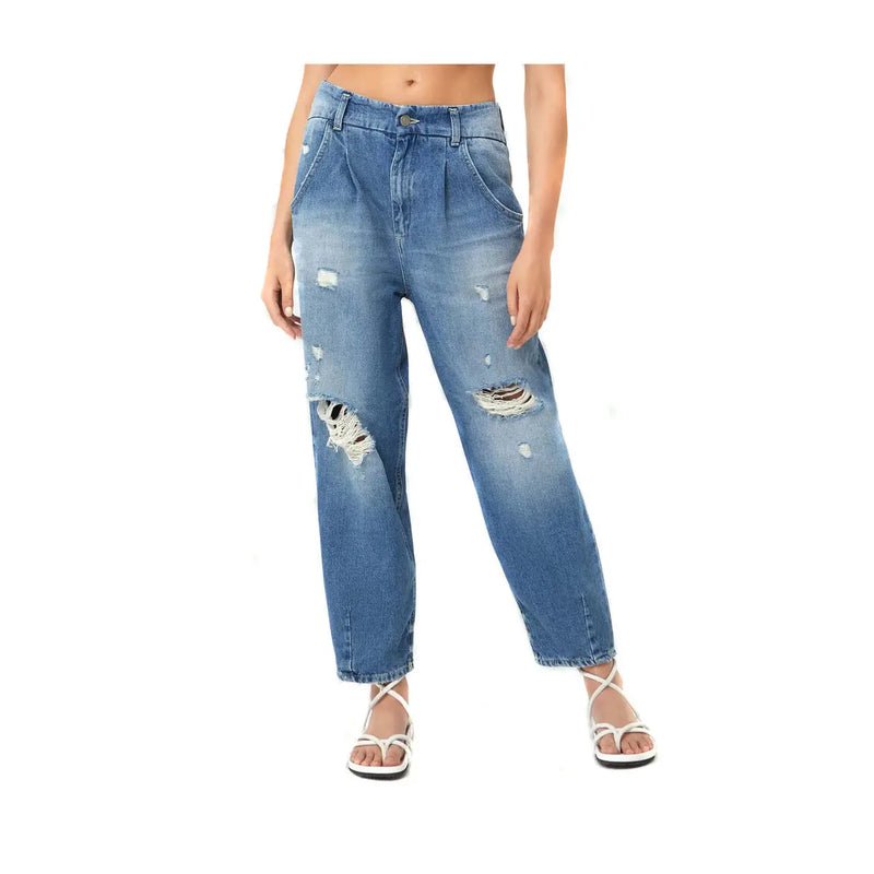 Dondup Blaue Damen-Jeans aus zerrissener Baumwolle mit hohem Bund, weitem Bein und ausgefransten, zerrissenen Knien