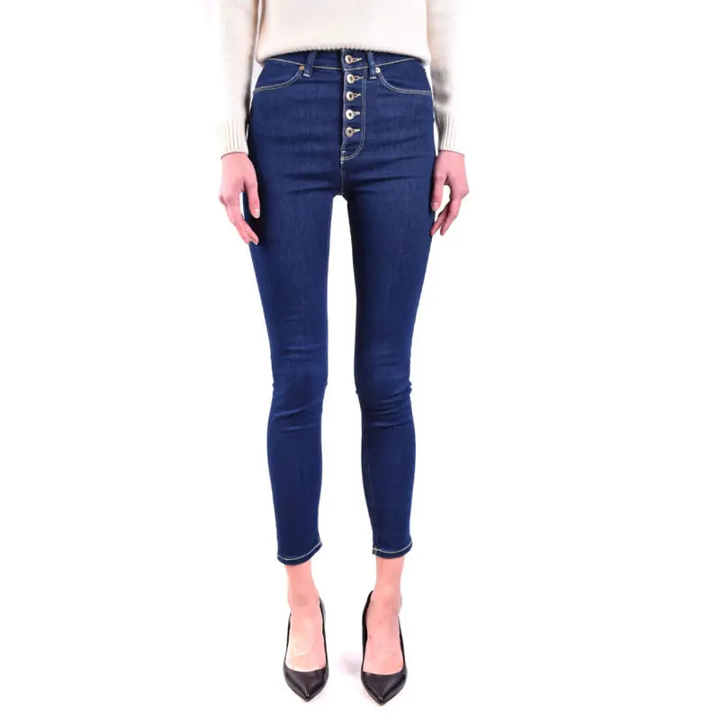 Women wearing Dondup high-waisted skinny blue jeans with button fly and black stiletto heels