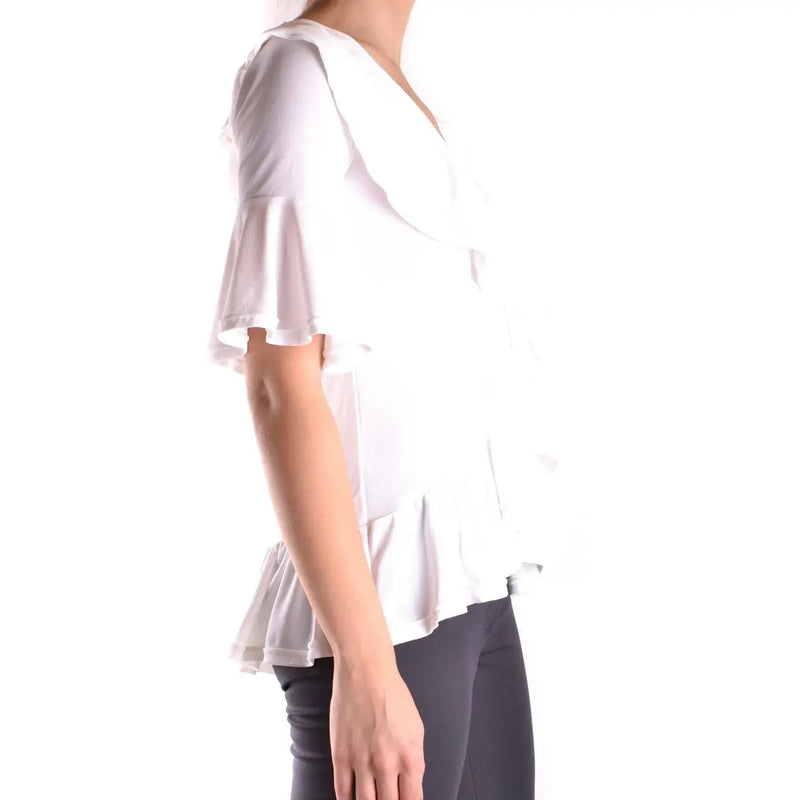 Dondup women white viscose blouse with v neck featuring ruffled sleeves and hem front view