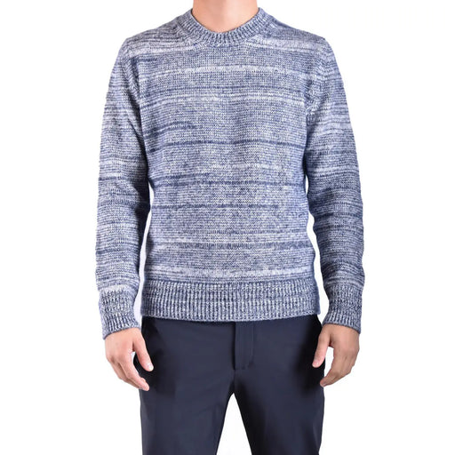 Dondup Herren-Wollpullover in meliertem Blau und Weiß mit gerippten Bündchen und Saum, Vorderansicht