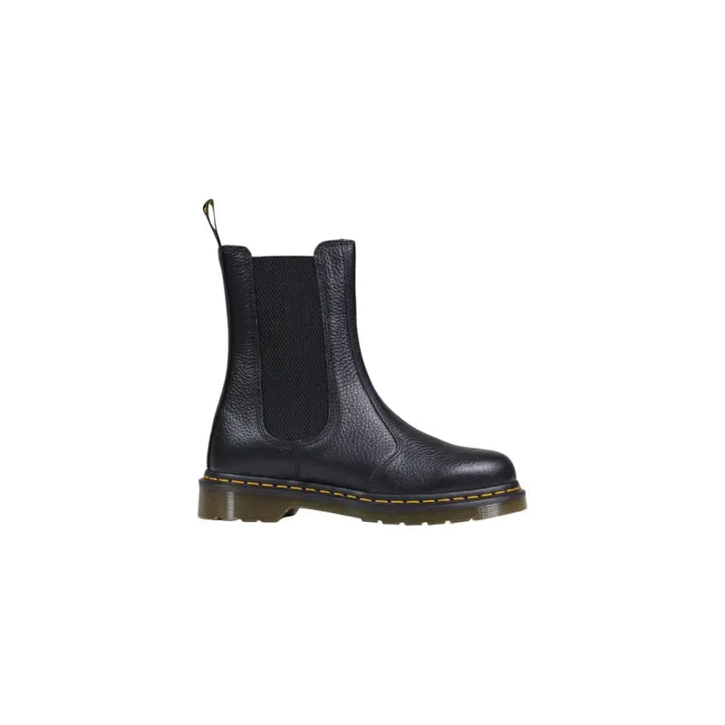 Dr Martens black leather ankle boots for women with elastic side panels and yellow-stitched sole