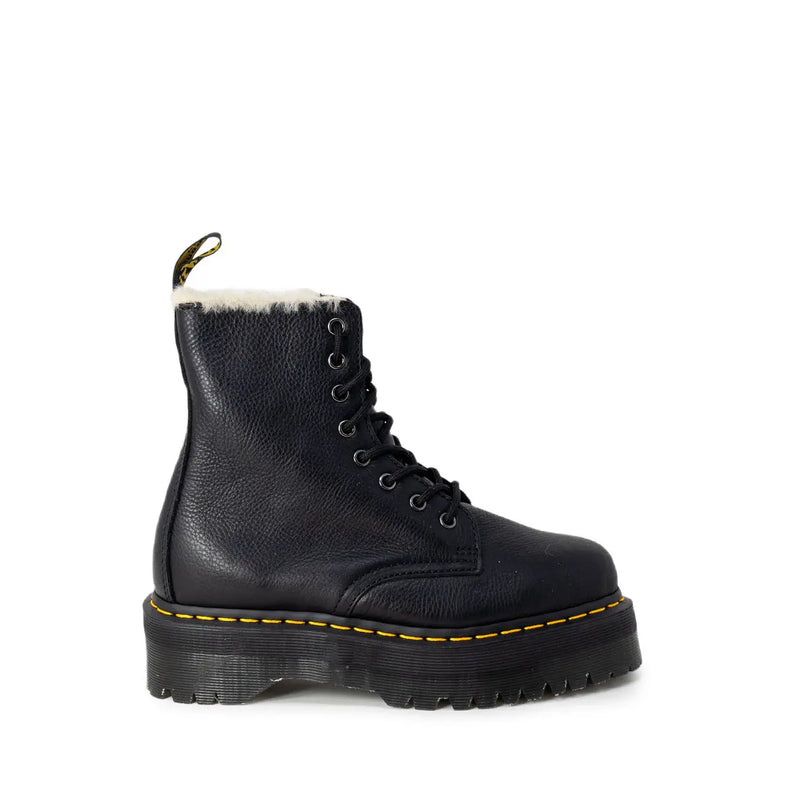 Dr Martens black leather ankle boots for women shown from the back side featuring durable leather material