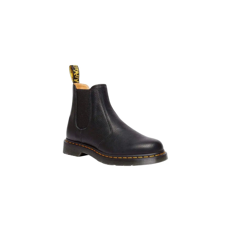 Dr Martens men leather ankle boots black with yellow stitching detail and pull tab shown from the back side