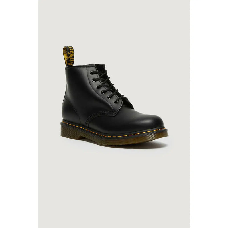 Schwarze Dr. Martens Herren-Lederstiefel mit Schnürung, Knöchelhoch geschnitten, von hinten gezeigt, aus schwarzem Leder