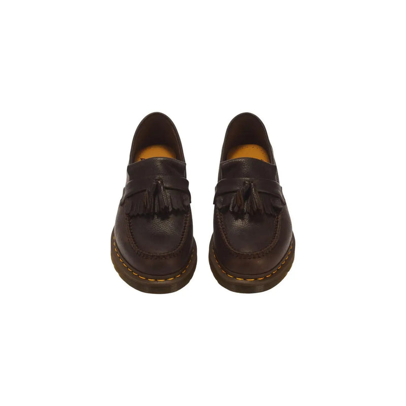 Dunkelbraune Leder-Quastenslipper mit gelben Ziernähten für Herren, Dr. Martens Adrian Mokassin-Schuhe, braun