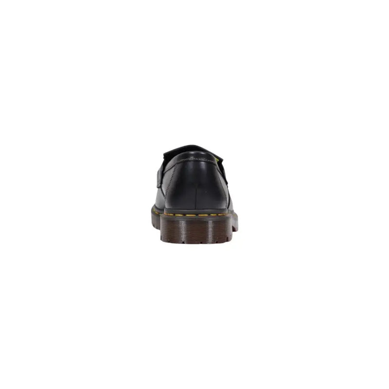 Schwarze Dr. Martens Herren-Mokassins aus Leder zum Hineinschlüpfen, hier wird die Rückseite des Schuhs gezeigt.